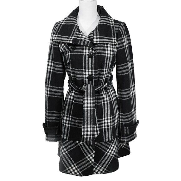 Express Coat Goth Plaid Black Wool Blend Funnel Neck Academia Pea Coat Mod Retro - Picture 2 of 12